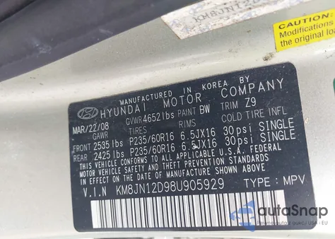 2008 Hyundai Tucson Limited V6/Se из США, поврежденный, VIN KM8JN12D98U905929